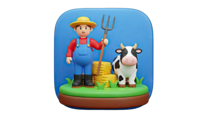 Farmer with Cow and Hay Bales in a Farm Scene