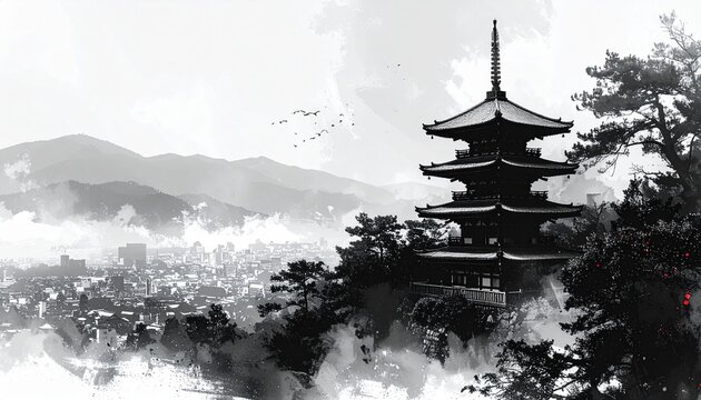 清水寺と京都市街を描いた墨絵風景