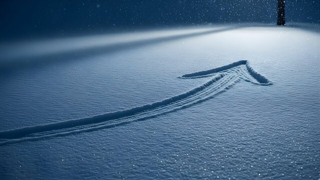 Arrow sign drawn on fresh white snow pointing forward direction in winter night.