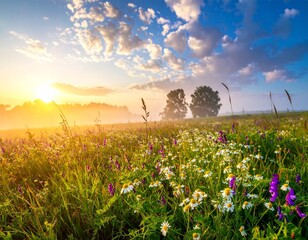 Beautiful field meadow flowers chamomile, blue wild peas in morning against blue sky with clouds, nature landscape