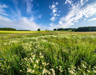 Beautiful field meadow flowers chamomile, blue wild peas in morning against blue sky with clouds, nature landscape