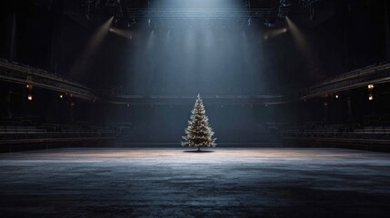 A wide shot of a massive, empty theatre stage with a single spotlight illuminating a single decorated Christmas tree,