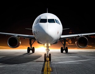 Front view of a passenger jet on a runway at sunset