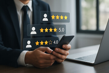 Customer satisfaction and review concept. Client using smartphone to give excellent five-star rating and feedback, symbolizing quality service new