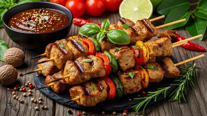 "High-resolution, rustic dark food photography of perfectly grilled meat skewers (shish kebab/souvlaki) interspersed with pineapple/potatoes and red bell peppers, garnished with fresh parsley and rose