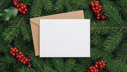 Blank Christmas Greeting Card Mockup with Kraft Envelope on Green Pine and Red Berry Background