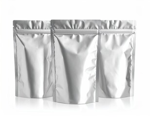 Three blank, silver, stand-up pouches with zip closures on a white background