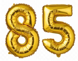 Two gold foil balloons "8" and "5", celebrating an 85th birthday