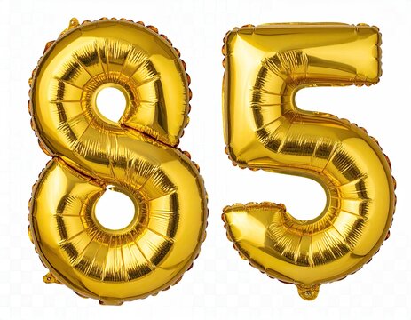 Two gold foil balloons "8" and "5", celebrating an 85th birthday