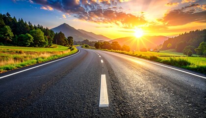 Naklejka premium beautiful sun rising sky with asphalt highways road in rural scene