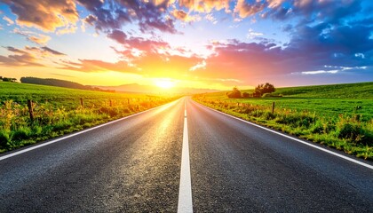 beautiful sun rising sky with asphalt highways road in rural scene
