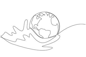 Single line drawing shows the planet Earth resting gently in flowing ocean waves, symbolizing care for marine life. A meaningful nature concept artwork for World Oceans Day awareness.