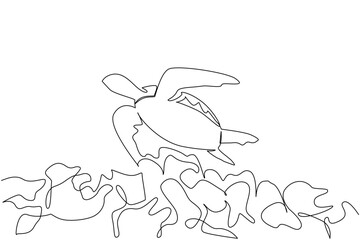 Continuous line drawing of a sea turtle swimming above scattered plastic trash in the ocean, raising awareness of pollution threats for World Oceans Day in an ecology nature concept.