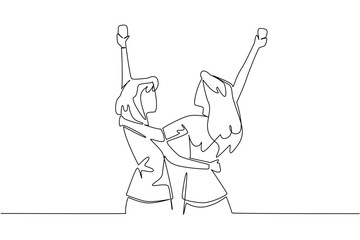 Continuous line drawing of two female best friends hugging and raising glasses in the air, celebrating National Best Friends Day with happiness and excitement in a social lifestyle concept.