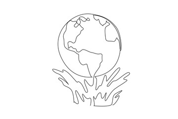 Continuous line drawing features Earth held by ocean waves, reflecting global unity and marine protection. A strong nature concept design for World Oceans Day, promoting sustainability.