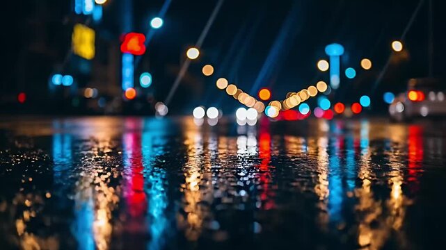 A captivating low-angle shot captures the blurred, vibrant energy of a city street at night. Out-of-focus lights from passing vehicles and distant buildings create a mesmerizing bokeh effect on the we