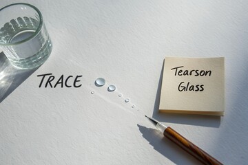 Water drops forming a trace on a white surface with a pen and glass