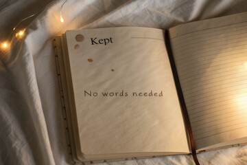 Unmarked diary page with soft lighting and handwritten text No Words Needed