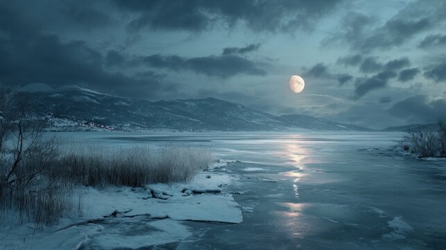 A winter scene with a frozen lake and a full moon, - Powered by Adobe