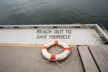 Word Reach Out To Save Yourself with life preserver ring 