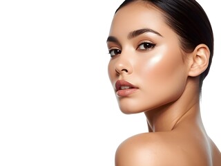 Fototapeta premium Beautiful young Latina woman with glowing, ultra-dewy skin and elegant natural makeup, embodying fresh beauty and health for a cosmetic advertisement