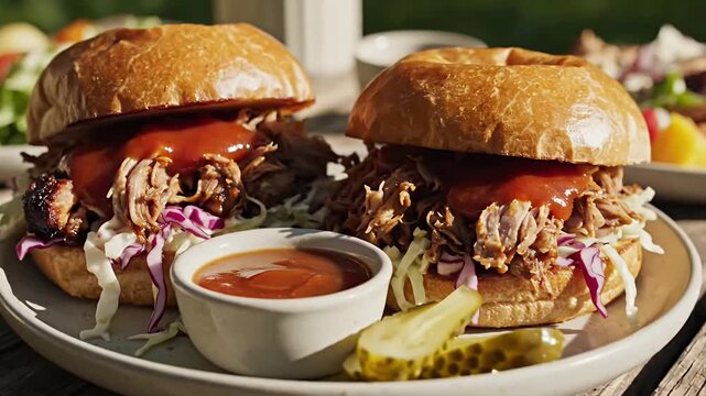 A close-up shot showcases two mouth-watering, hearty sandwiches, generously filled with tender, shredded meat, fresh crunchy coleslaw featuring both white and red cabbage, and drizzled with a rich, sa