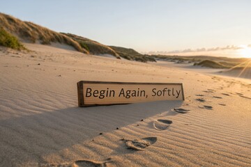 Wooden sign on sandy beach with footprints and inspirational quote Begin Again Softly