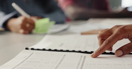 Document, hands or reading in office for accounting, check balance sheet or financial record maintenance. Ledger audit, review account transactions or person with tax planning, money or asset history