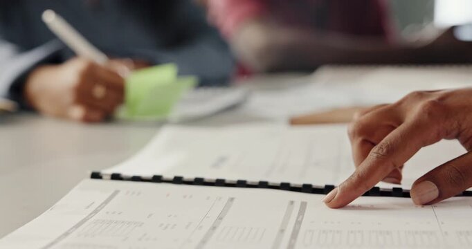 Document, hands or reading in office for accounting, check balance sheet or financial record maintenance. Ledger audit, review account transactions or person with tax planning, money or asset history