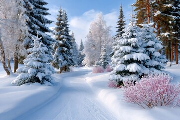 Fototapeta premium Snow path winding through a winter forest wonderland