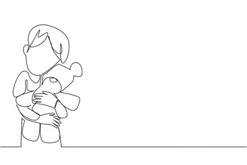 Continuous line drawing featuring a boy holding and hugging a teddy bear doll with affection, designed in a minimal style for World Doll Day, highlighting childhood concept and joy.