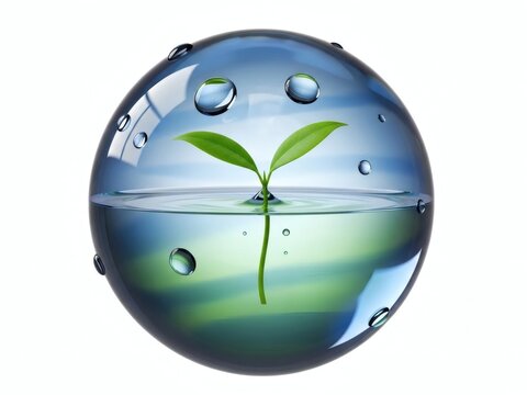 Glossy Frutiger Aero 3D Glass Orb with Green Sprout and Water Droplets, Optimistic Eco Technology