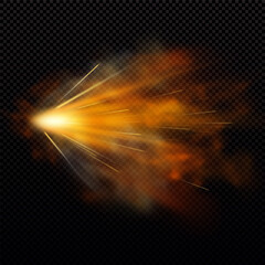 Gun shot with orange fire and smoke effect, weapon firing blast, vector realistic gun explosion flash shoot flame trail © sabelskaya
