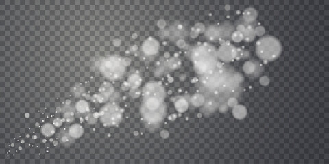 Festive sparkling dust white PNG. Bokeh Christmas glowing light effect. Soft white bokeh light circles float on a transparent background, glowing effect perfect for overlays, festive designs