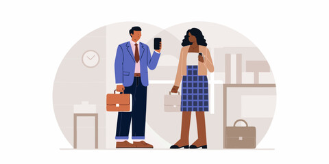 Business professionals discussing while standing in a modern office reception area