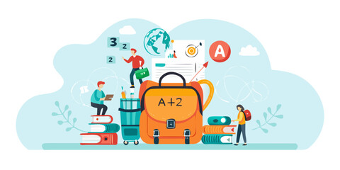Obraz premium Education and travel concept students with books and a travel bag