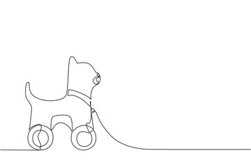 One line drawing of a cat shaped wooden pull toy with wheels, minimalist and fun, designed for children play, childhood creativity, and simple toy illustration artwork. Cat character