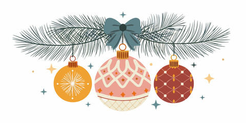 Festive holiday ornaments and pine branch with a decorative blue bow illustration