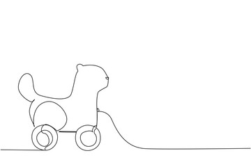 Single line drawing of a beaver shaped wooden toy on wheels, designed in minimalist style. This design concept captures playful childhood creativity, cute animal toys, and wooden craft objects.
