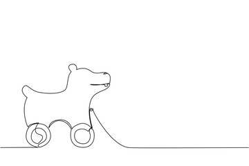 Single line drawing of a hippopotamus shaped wooden toy with wheels, created in minimalist style. This design concept highlights playful childhood objects, creativity, and wooden animal toys.