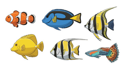 Vibrant collection of diverse cartoon aquatic creatures displaying varied patterns and hues, a lively depiction of ocean life and freshwater species