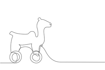 Minimalist single line drawing of a camel toy on wheels, blending desert animal charm with playful creativity. Unique children concept art ideal for educational and decorative designs.