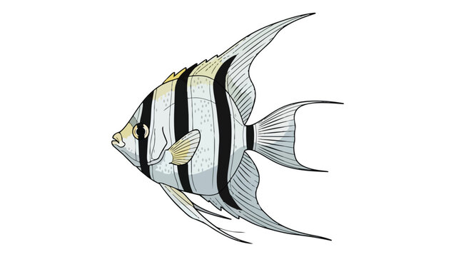Detailed illustration of a majestic black and white striped angelfish gracefully swimming, highlighting its elegant long fins and distinctive