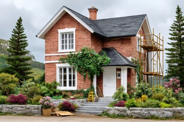 Miniature brick house diorama with scaffolding for renovation