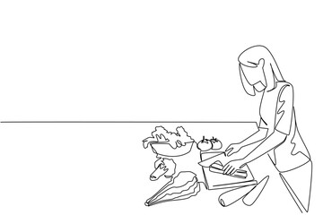 Continuous line drawing of a woman preparing fresh vegetables on a table, symbolizing National Meal Prep Day with a health concept and organized cooking lifestyle.