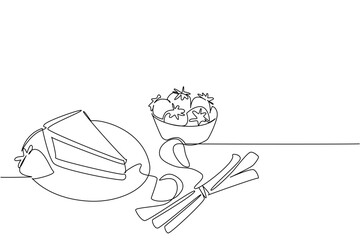 Single line drawing of strawberry rhubarb pie slice with a bowl of strawberries and decorative cinnamon sticks, perfect for a food concept on National Strawberry Rhubarb Pie Day.