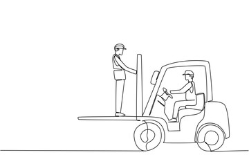 One line drawing vector illustration highlighting unsafe forklift practice for National Forklift Safety Day, featuring a worker dangerously riding the forks with operator driving, industry concept.