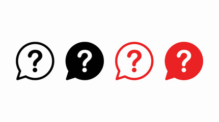 Four question mark icons within speech bubbles displayed in black and red vector styles on a clean white background, concept for online assistance, technical support and user interface design