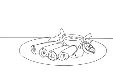 Continuous line drawing of delicious egg rolls served with sauce on a plate, highlighting food concept and international event theme for National Egg Roll Day celebration.