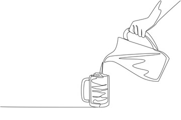 Single line drawing of a hand pouring soda from a jug into a whipped cream float mug, designed as a beverage concept illustration for National Black Cow Day.